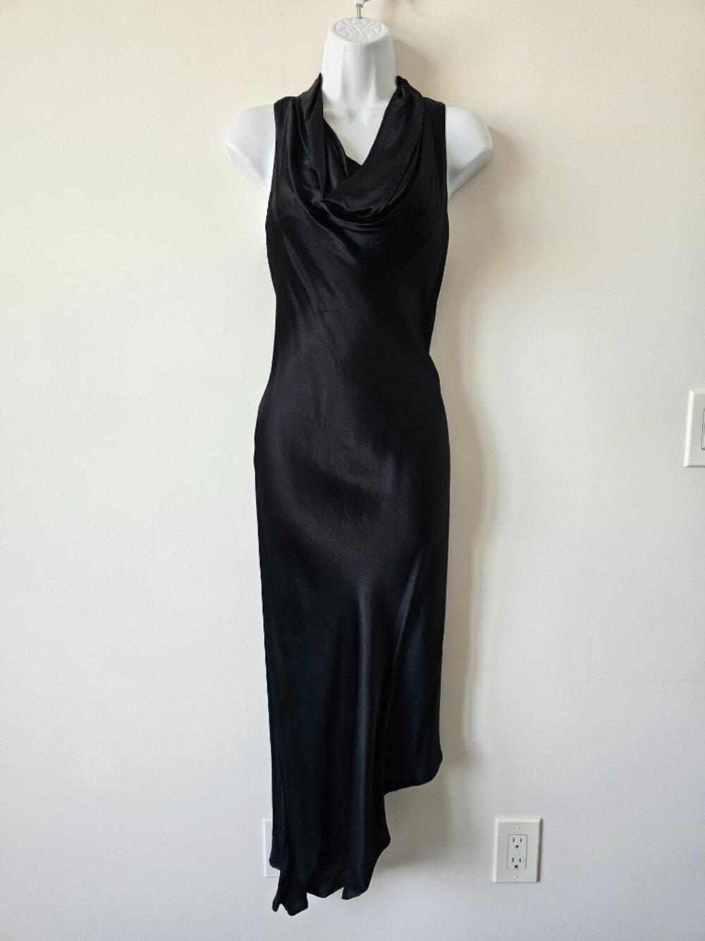 SISLEY Black Satin Feel draped Neckline Sleeveless Asymmetrical Long Dress XS